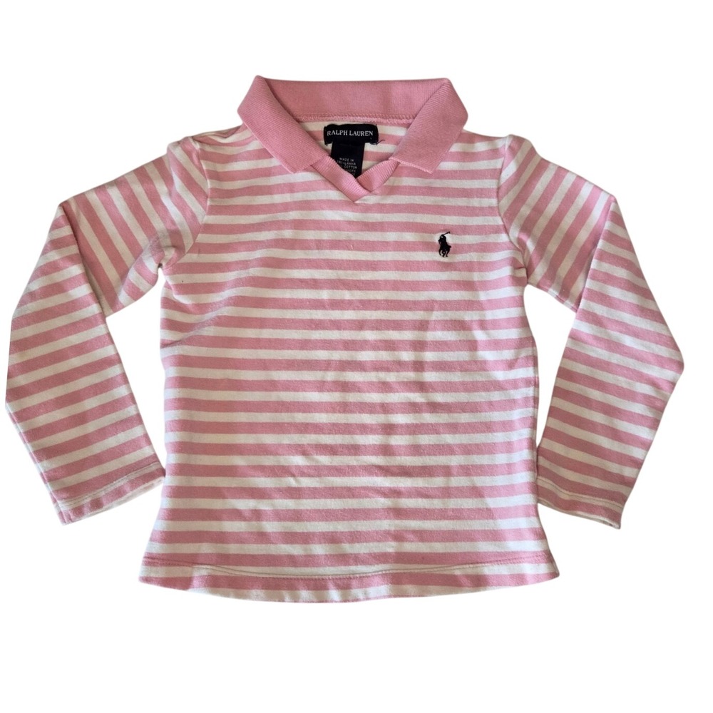 Ralph Lauren Girls Size 4 Pink White Stripe Long Sleeve Polo Pony Shirt